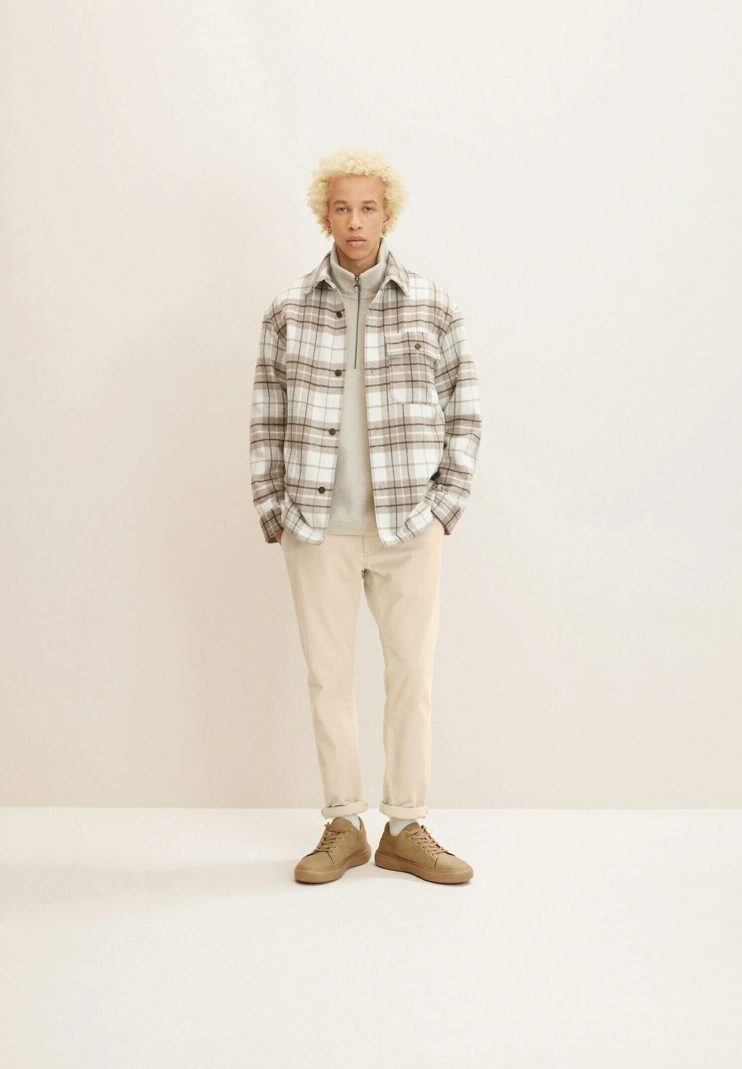 TOM TAILOR Denim Halflange Jas - Off White Beige Big Cosy Check 4 TOM TAILOR Denim Halflange Jas - Off White Beige Big Cosy Check - Afbeelding 2