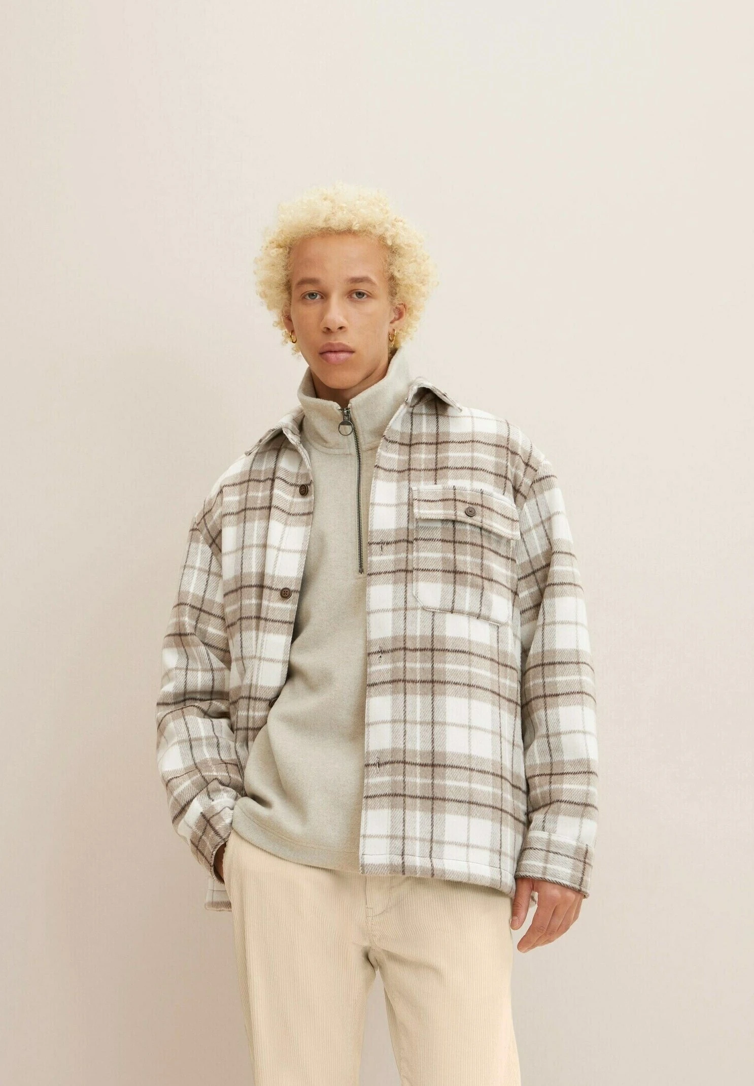 TOM TAILOR Denim Halflange Jas - Off White Beige Big Cosy Check 9 TOM TAILOR Denim Halflange Jas - Off White Beige Big Cosy Check - Afbeelding 7