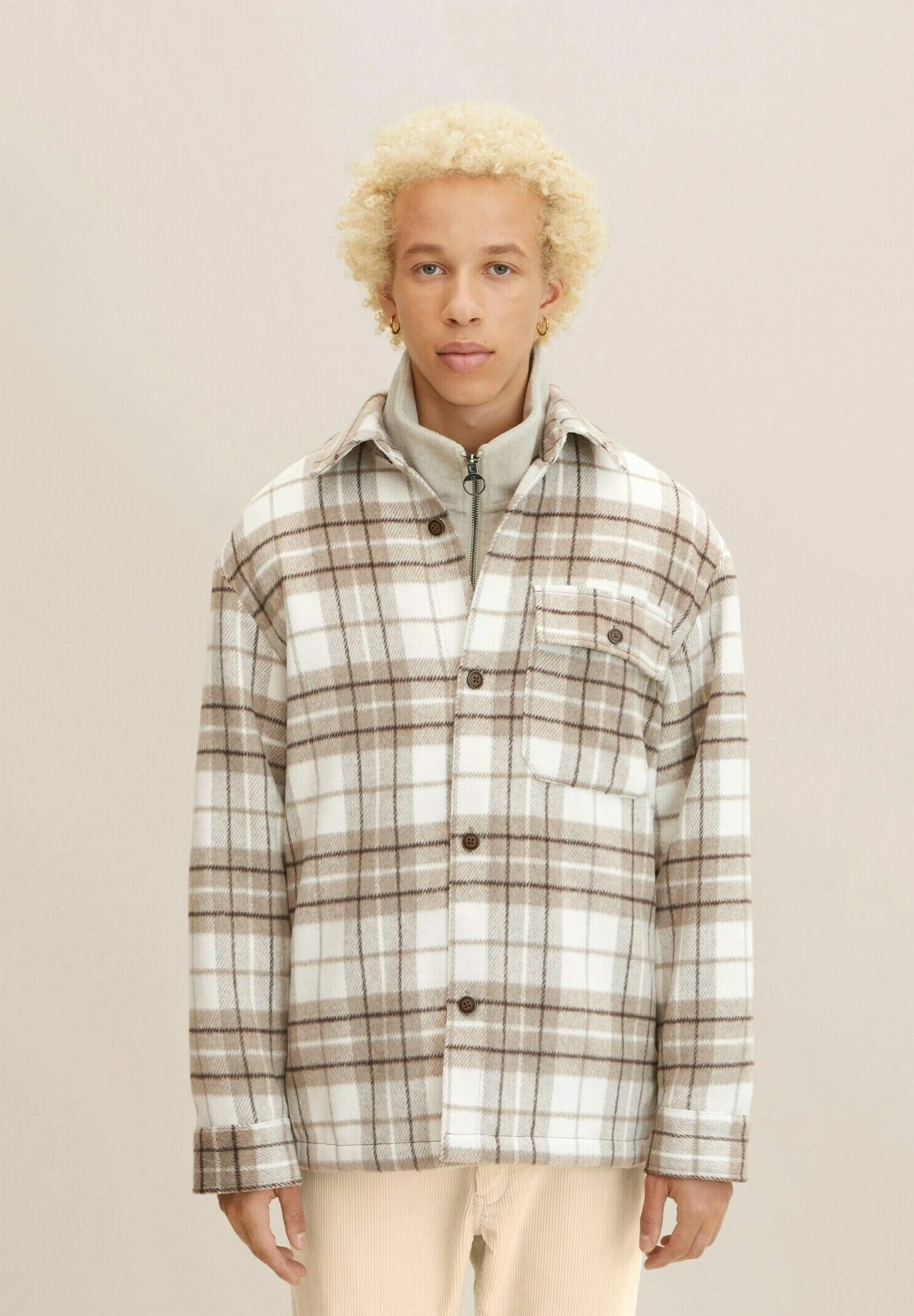 TOM TAILOR Denim Halflange Jas - Off White Beige Big Cosy Check 3 TOM TAILOR Denim Halflange Jas - Off White Beige Big Cosy Check